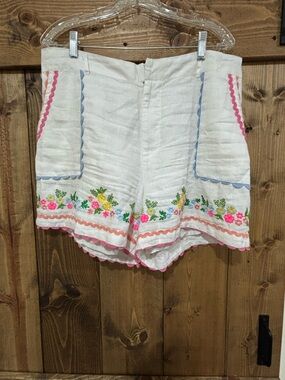 Roller Rabbit White High-Waist Embroidered Shorts with Pink & Blue Trim